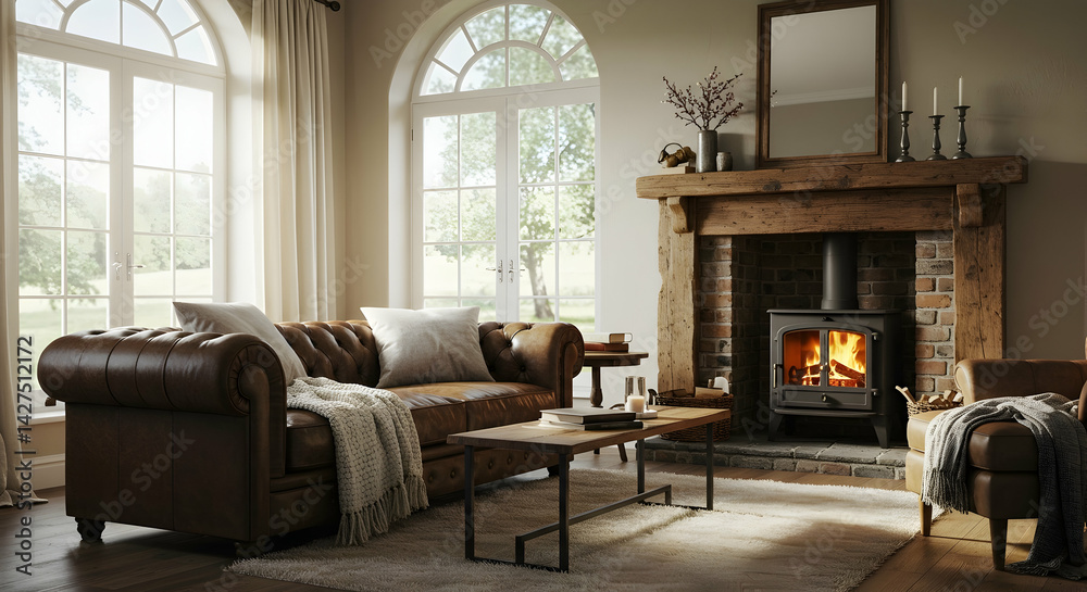 Cozy Living Room Interior with Fireplace and Leather Sofa in Rustic Country House Setting Perfect for Relaxation Cozy Living Room Interior with Fireplace and Leather Sofa in Rustic Country House Setting Perfect for Relaxation