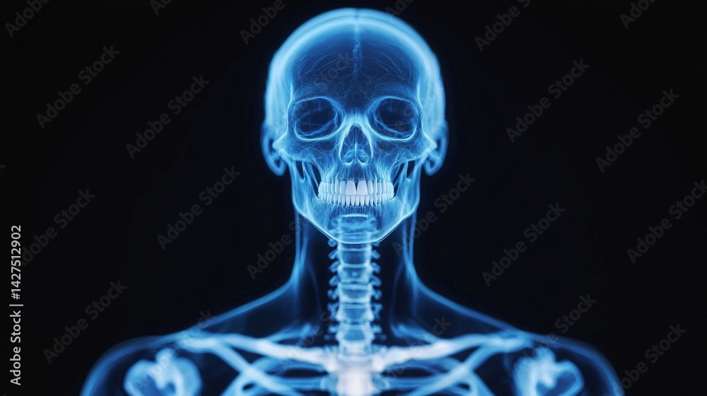 Human Skull and Neck Anatomy 3D Render Blue X Ray Style Medical Illustration Human Skull and Neck Anatomy 3D Render Blue X Ray Style Medical Illustration