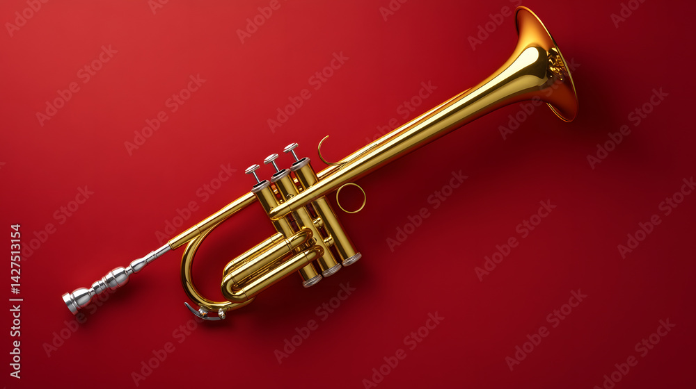 Obraz premium shiny brass trumpet with polished finish is isolated on deep red background