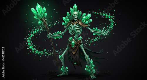 emerald green skeletal druid with glowing staff digital wallpaper