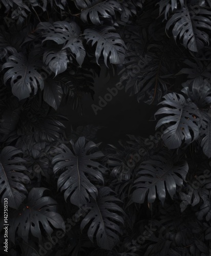 Wallpaper Mural Intricate black background  Dark tropical leaves & vines intertwine, creating depth and mystery ,  leaves,  green,  jungle Torontodigital.ca