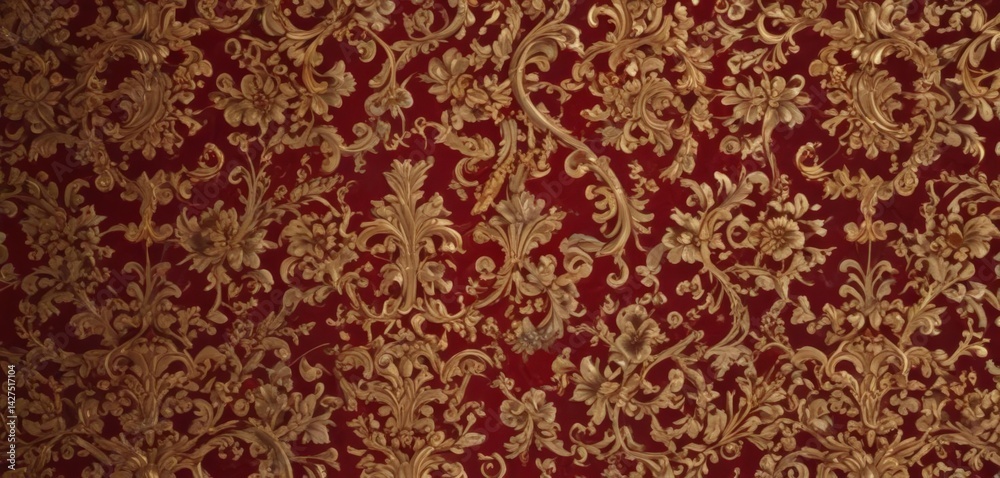 Intricate baroque pattern, deep crimson, gold leaf accents, background, rococo, design element