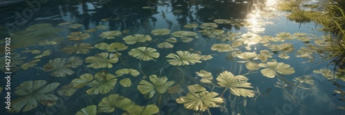 Intricate aquatic plant footprint design etched in a pool's surface, sunlit reflections ,  water feature,  surface