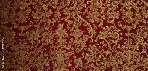 Intricate baroque pattern, deep crimson, gold leaf accents, background, rococo, design element