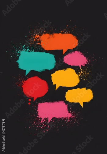 dark background, neon colors, red orange teal pink yellow, colorful speech bubbles, communication concept, Colorful speech bubbles symbolize diverse marketing feedback and communication.splatter paint