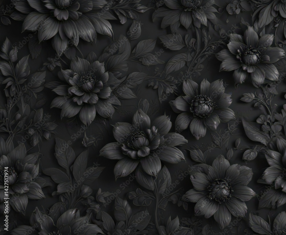 Intricate black charcoal floral wallpaper, luxurious texture  , pattern, texture background