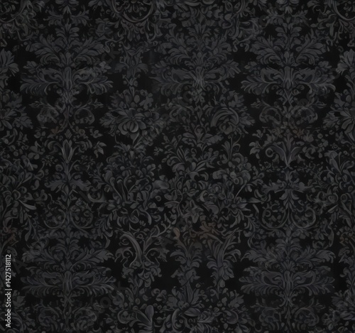 Intricate black damask, seamless floral vines , element, fabric, art