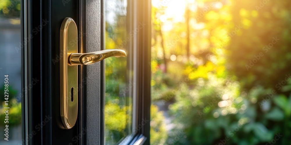 Golden Door Handle and Sunlit Garden View Golden Door Handle and Sunlit Garden View