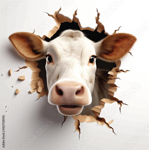 Surreal Cow Scene with Cracked Wall.