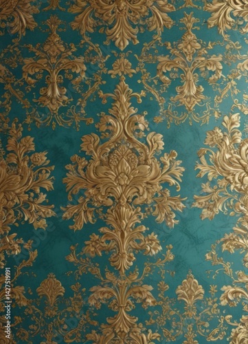 Intricate gold and turquoise damask pattern, seamless repeat , design element, surface