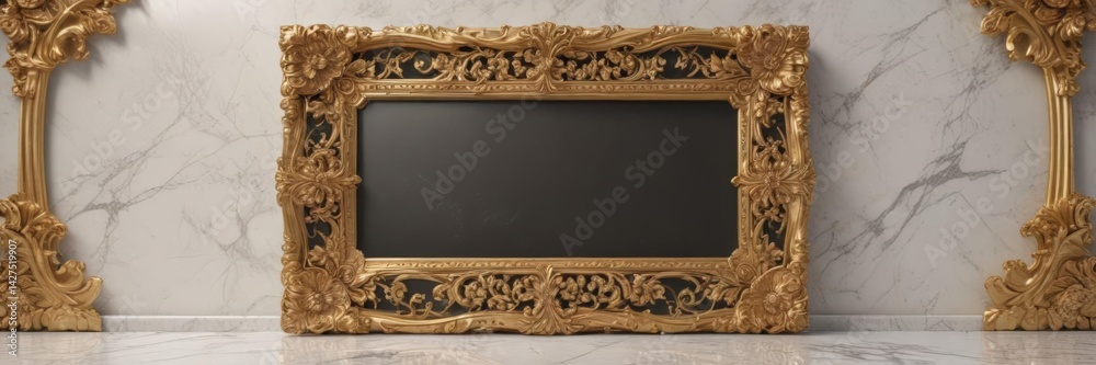 Obraz premium Intricate gold floral frame on polished marble Luxury, elegant backdrop , decorative, home decor, texture