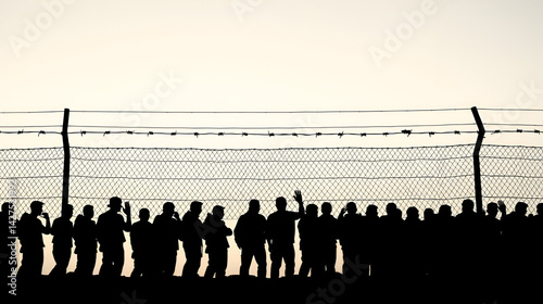 Silhouette of crowd of refugees or illegal immigrants stands by barbed wire border with copy space, concept of crossing the border, asylum, immigration, borderline demarcation.