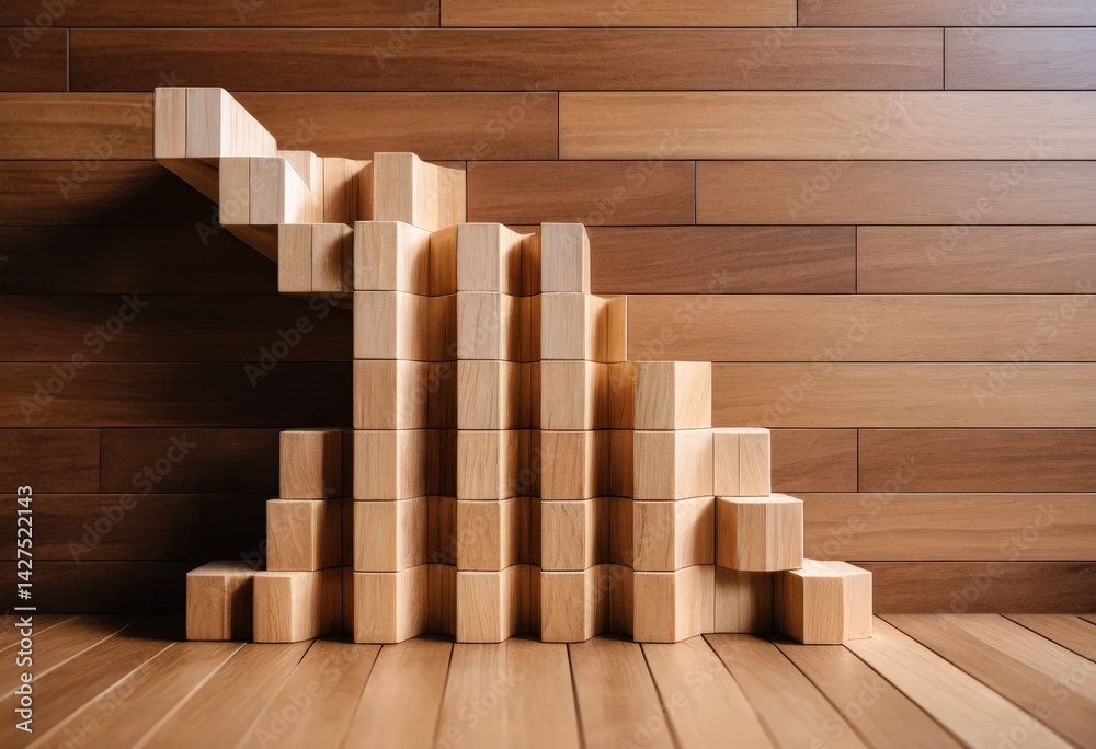 A rustic wooden staircase crafted from interlocking blocks, showcasing rich grain patterns and warm tones, leading upwards in a cozy, inviting setting. A rustic wooden staircase crafted from interlocking blocks, showcasing rich grain patterns and warm tones, leading upwards in a cozy, inviting setting.