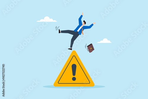 Flat illustration of businessman slip on hazard warning attention sign with exclamation mark business risk problem failure prevention avoid danger