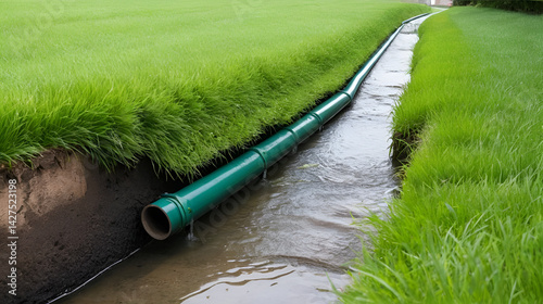 Rainwater running in a drainage system ditch after a heavy rain, healthy green grass and outlet pipe