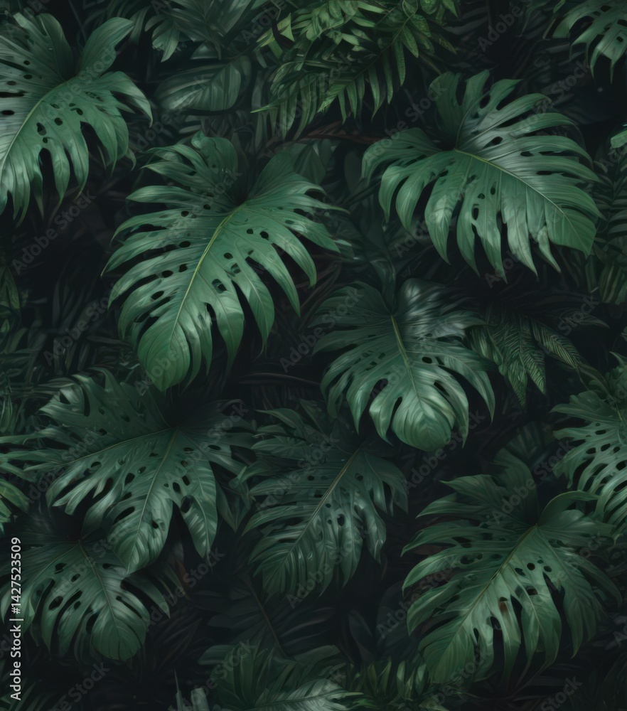 Fototapeta premium Lush, dark green exotic leaves, vibrant tropical pattern , flora, vine