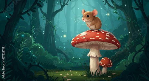 Cute mouse on mushroom in magical forest digital art illustration perfect for childrens books greeting cards and other projects
