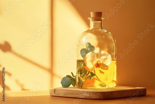Golden elixir bottle, adorned with orchid and eucalyptus.