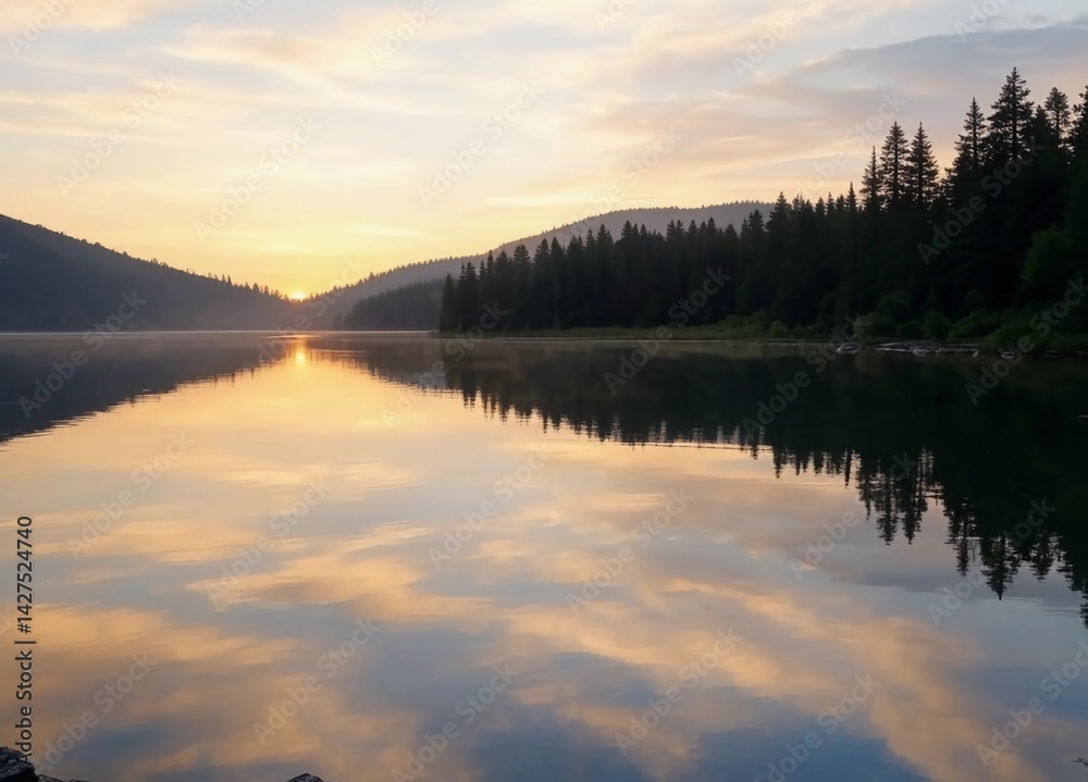 Fototapeta premium : Golden Sunset Over Serene Mountain Lake
