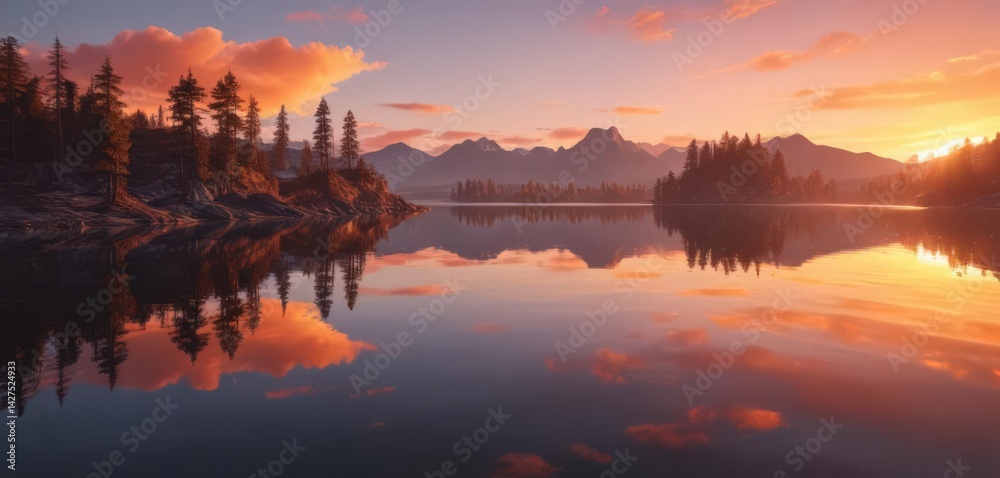 Fototapeta premium Mirror-like lake surface reflects a breathtaking sunset, creating a captivating scene , beautiful, golden
