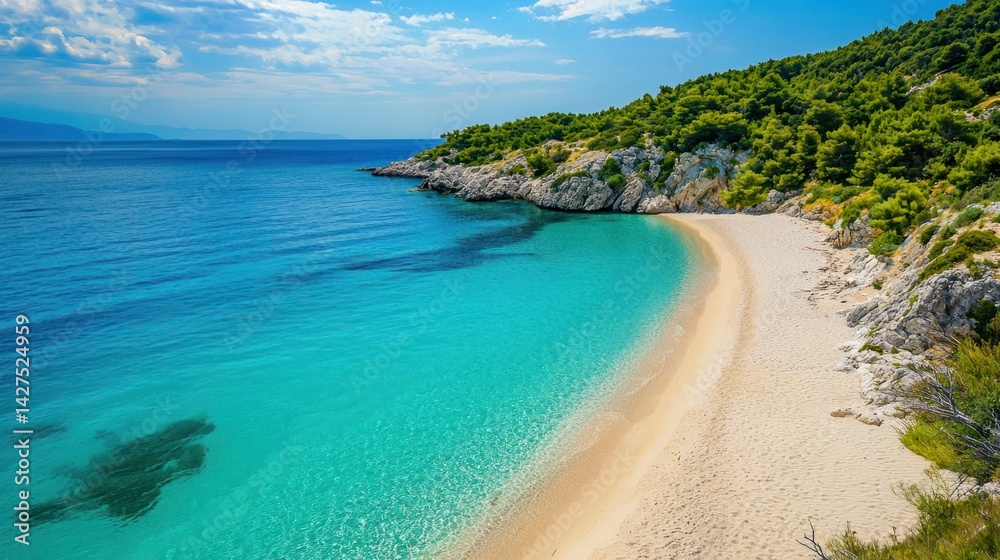 Obraz premium A remote island with sandy shores and turquoise water, perfect for relaxation.