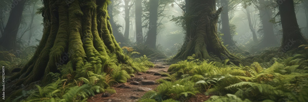 Fototapeta premium Massive moss-covered tree trunk, vibrant ferns , decay, fern