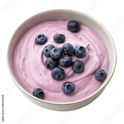 A smooth and creamy bowl of blueberry yogurt with a rich, pastel pink-purple hue, topped with whole blueberries, isolated on transparent background.
