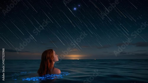 Stargazing contemplation: A woman gazes upwards at a mesmerizing display of stars, silhouetted against the backdrop of a starlit sky over tranquil ocean. The photo encapsulates the mystery of night.