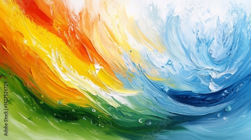 Abstract Colorful Ocean Wave with Thick Textured Strokes of Orange, Yellow, Green, White, and Blue Swirling Dynamically Across the Composition