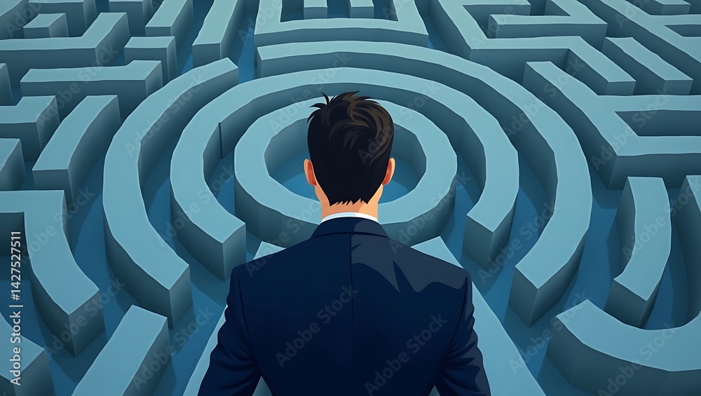 Businessman Facing a Complex Maze