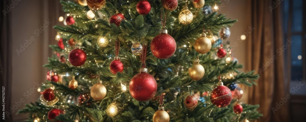 Fototapeta premium Ornate Christmas tree, vibrant baubles, soft bokeh lights , winter, christmas tree