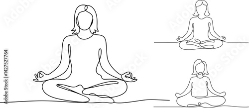 One Line Drawing of Woman Meditating in Lotus Position vector  illustration on  white background
