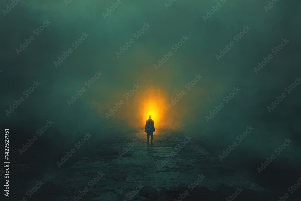 Obraz premium A person standing in the middle of a foggy forest clearing, surrounded by tall trees disappearing into the mist.