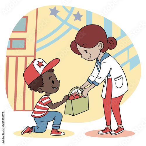 Kind Woman Giving Groceries to a Young Boy: Cartoon Illustration, Charity Scene