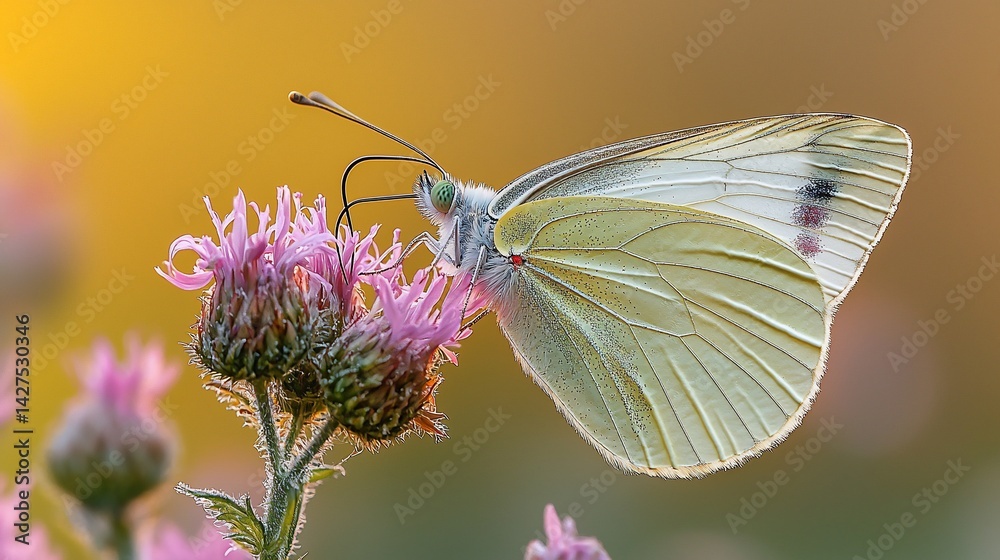 Butterfly feeding on flower at sunset; nature background Butterfly feeding on flower at sunset; nature background