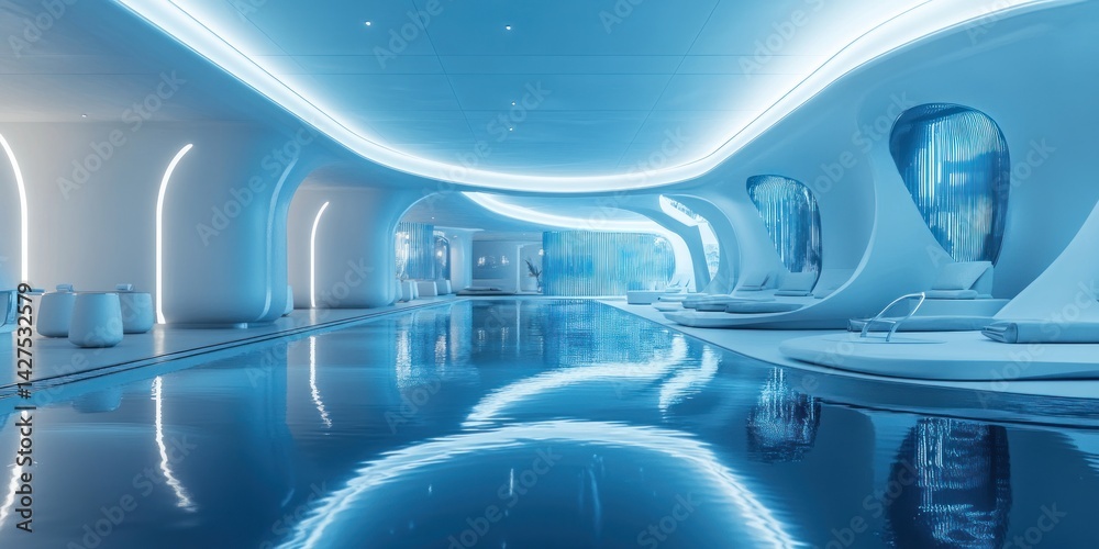 Naklejka premium Futuristic Indoor Pool: Serene Blue Oasis of Tranquility