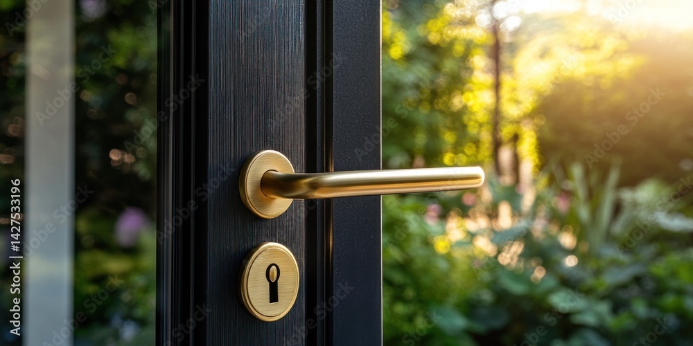 Obraz premium Golden Door Handle and Lush Garden View: A Summer's Day
