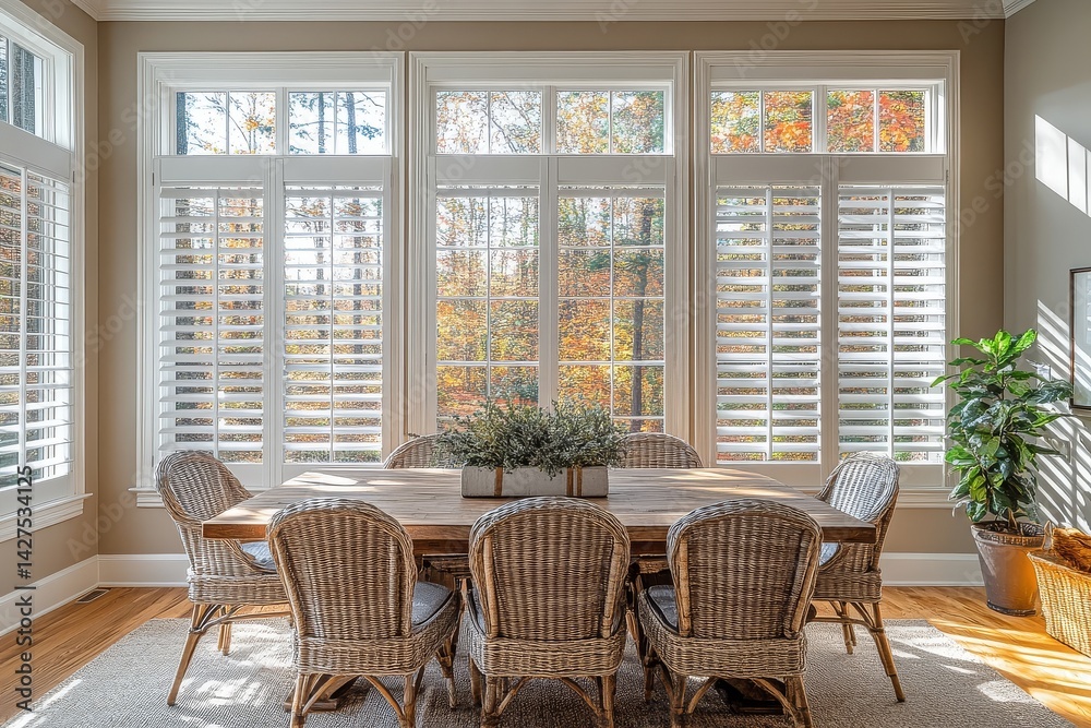 Obraz premium Dining room with white shutters, wooden table and chairs, light brown walls, and ceiling trim, wide-angle shot looking at the window, light warm color palette.