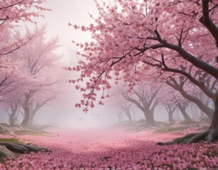 Poster encadré  Soft pink sakura petals descend against a hazy backdrop of blooming cherry trees ,  close up,  nature,  freshness  © Kachaphot