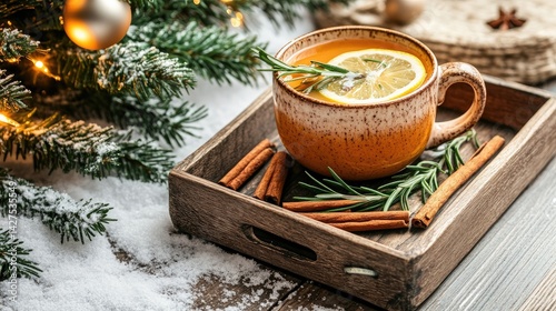 Festive winter herbal tea in a cozy mug. photo