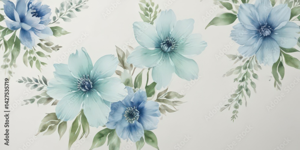 Obraz premium Subtle blue & green watercolor blooms on a creamy white backdrop , pattern, floral pattern, background