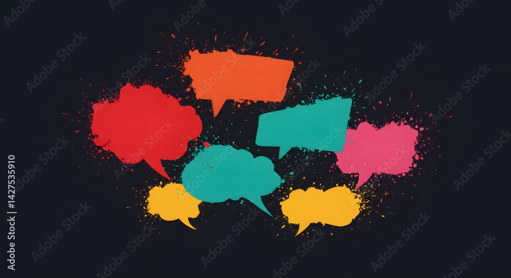 communication concept, neon colors, Colorful speech bubbles symbolize diverse marketing feedback and communication.splatter paint effect, colorful speech bubbles, red orange teal pink yellow