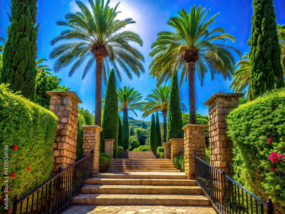 Obraz premium Mallorca Botanical Garden Entrance Gate - Cobbled Staircase Silhouette