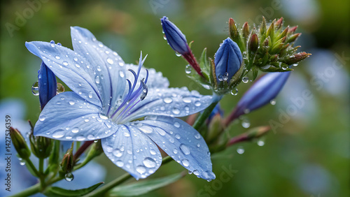 Beautiful light blue flower with water drops, macro view, Blue lilac flowers closeup with water drops