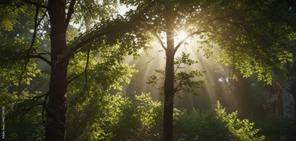 Obraz premium Sunlight streams through leafy branches, creating a mosaic of light and shadow , detail, image, leaves