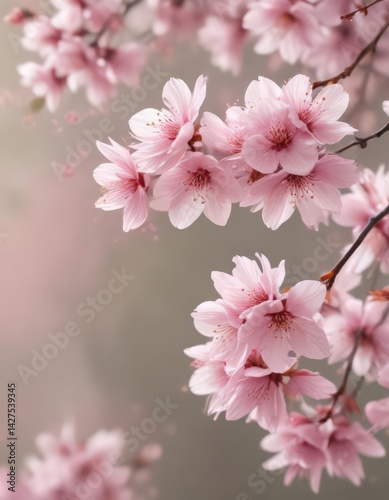Soft pink sakura petals drift in a gentle spring breeze, blurred natural background ,  light,  soft focus,  photography