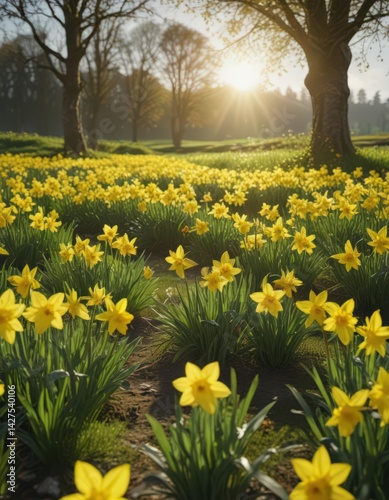 Sunlit daffodils burst forth in a vibrant yellow against a lush green field , plant, floral photography