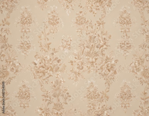 Subtle damask pattern with delicate floral motifs, beige backdrop, texture, surface
