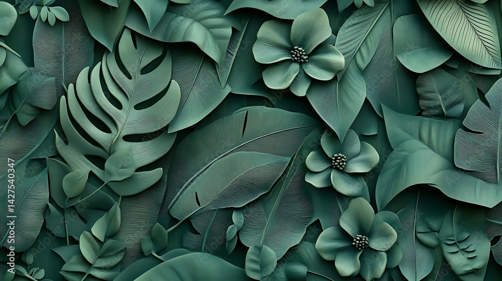 floral wallpaper in 3D style showcasing intertwined vines, large jungle leaves, and subtle floral details with a modern embossed effect for wall decor floral wallpaper in 3D style showcasing intertwined vines, large jungle leaves, and subtle floral details with a modern embossed effect for wall decor