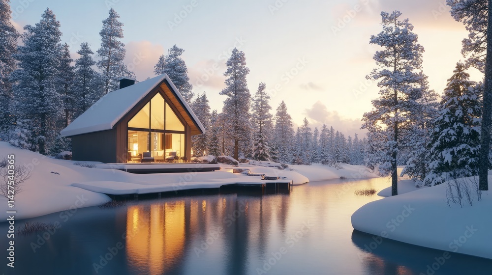 Fototapeta premium Snow Covered Island House with Warm Lighting at Dusk.